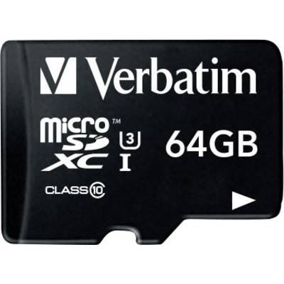 Sort MicroSDXC-kort fra Verbatim med 64 GB lagerkapacitet, klasse 10, UHS-I.
