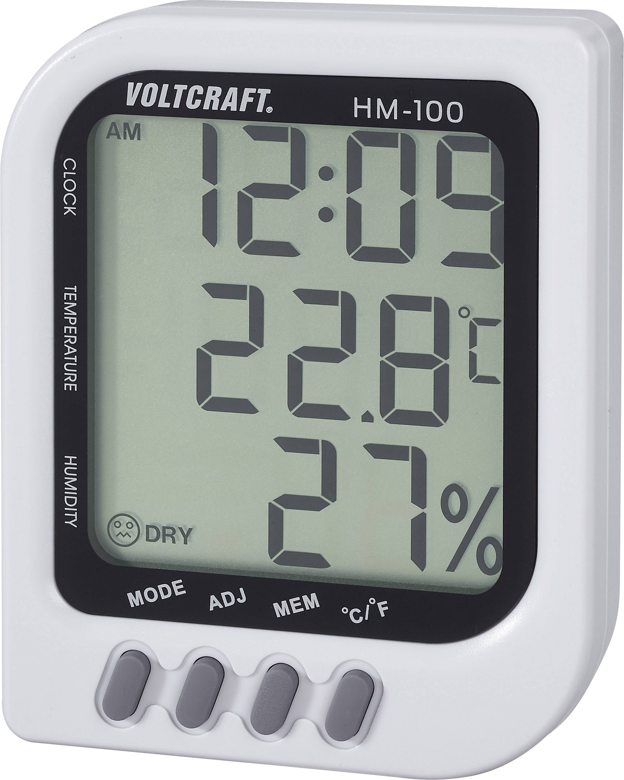 Digitalt termometer-hygrometer med grønt display viser klokkeslættet 12:09, temperaturen 22,8°C og luftfugtigheden 27%.