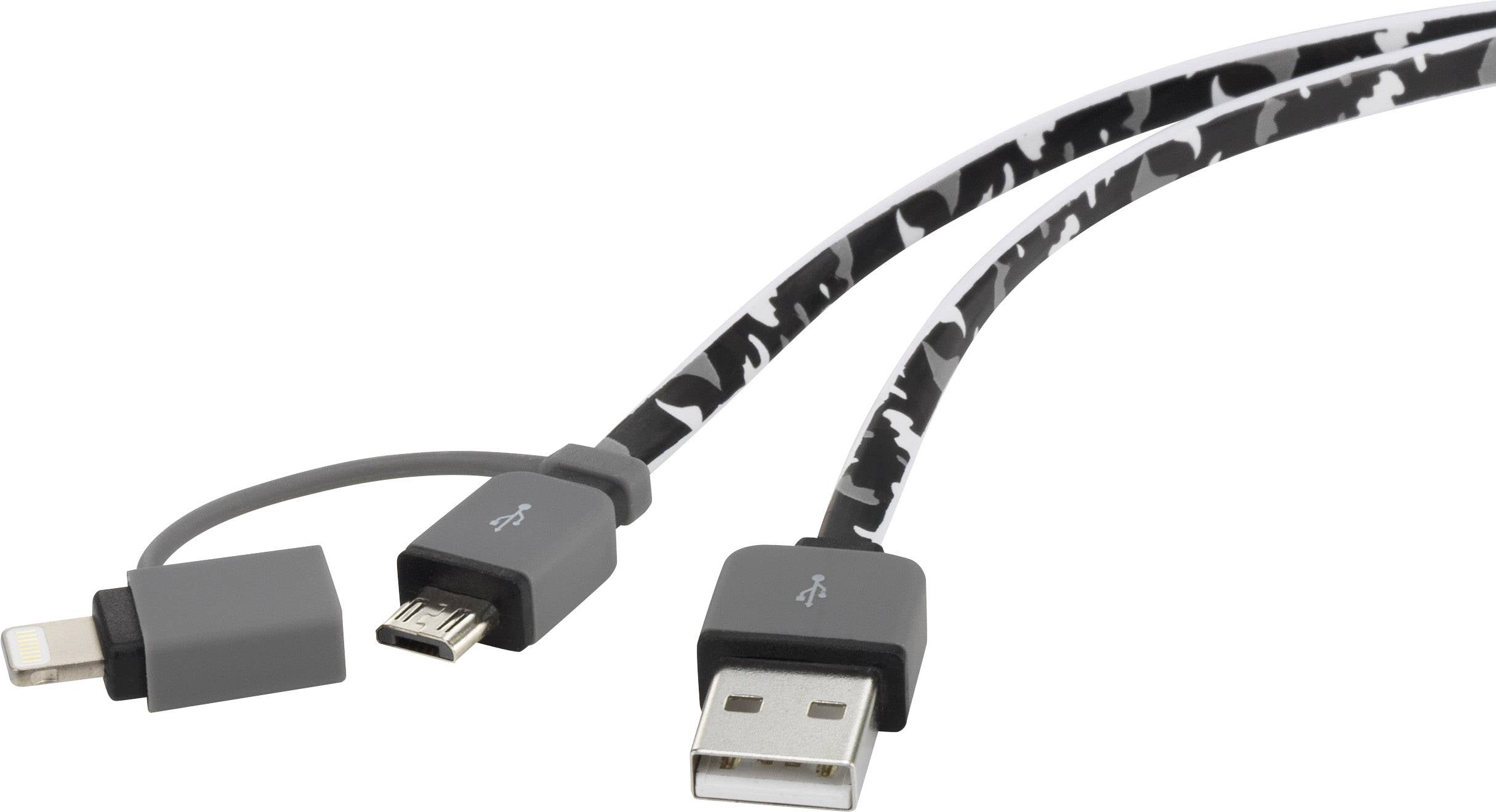 Tre lade- og datkabler: USB til Lightning, USB til Micro-USB og USB til USB-C, alle med sort-hvid camouflage-mønster.