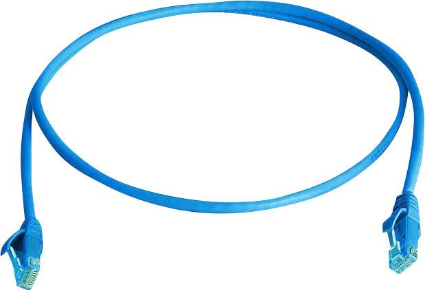 Blåt netværkskabel med to RJ45-stik, bruges til at forbinde computere til et netværk eller router.