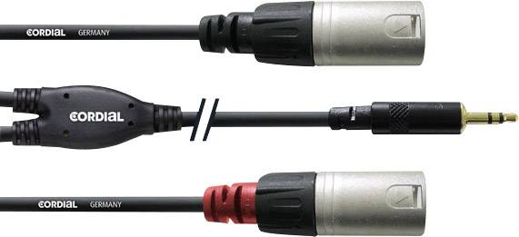 XLR-kabel med XLR-stik og -bøsning, forbundet via en Y-adapter til et 3,5 mm jackstik. Mærkenavn 'Cordial'.