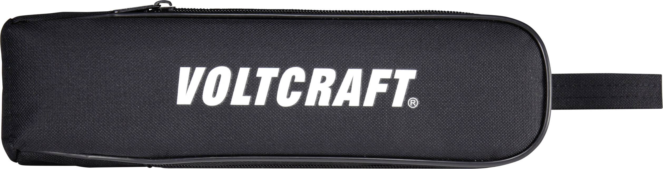 Sort etui med hvid 'VOLTCRAFT' tekst i midten. Det har en lynlås foroven og et håndtag i siden.