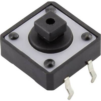 Sort firkantet trykknap med to metalforbindelser på én side, ofte brugt til styring i elektroniske enheder.