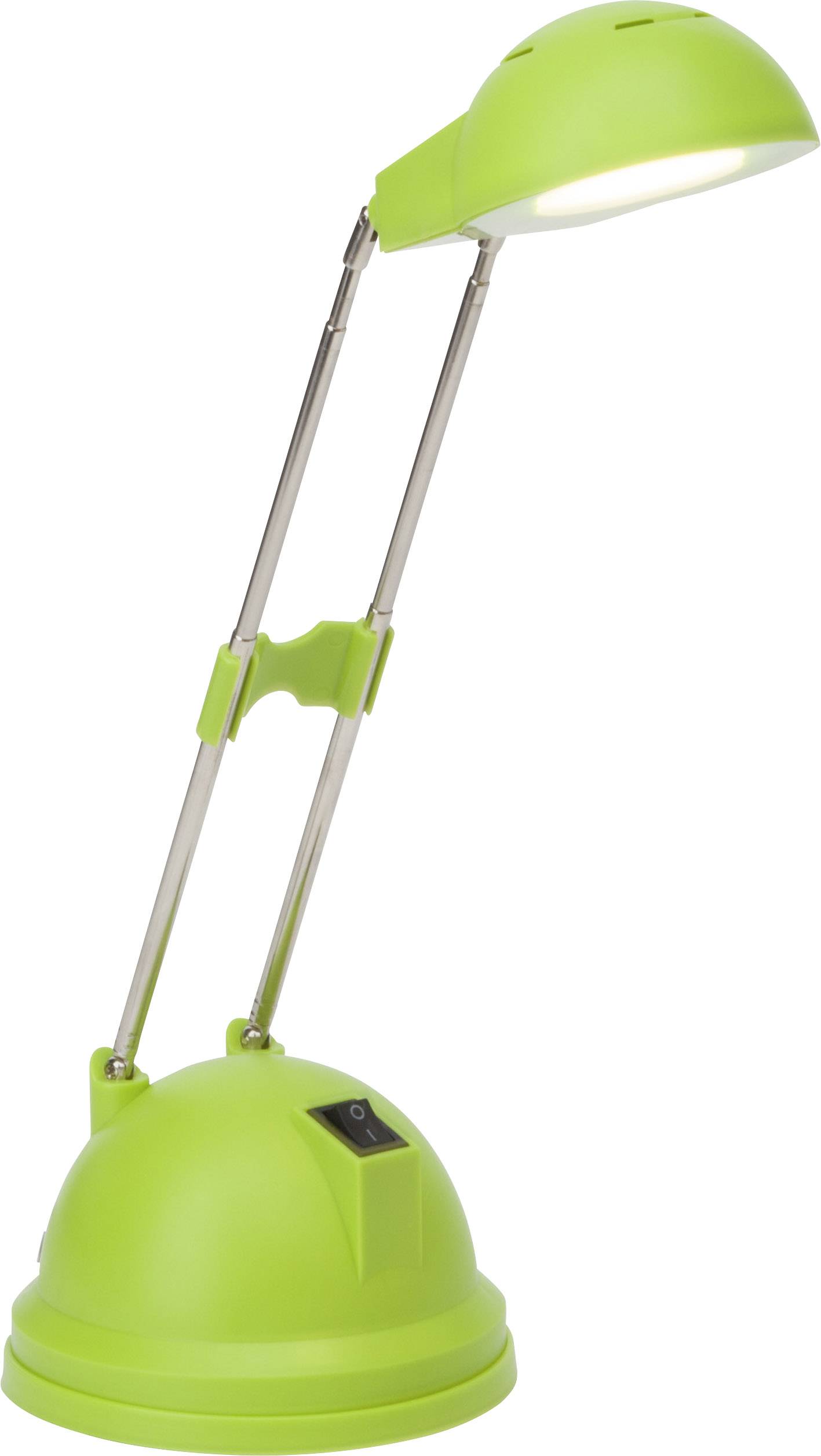 Grøn skrivebordslampe med fleksibel arm og rund base; kontakten sidder på forsiden af basen.