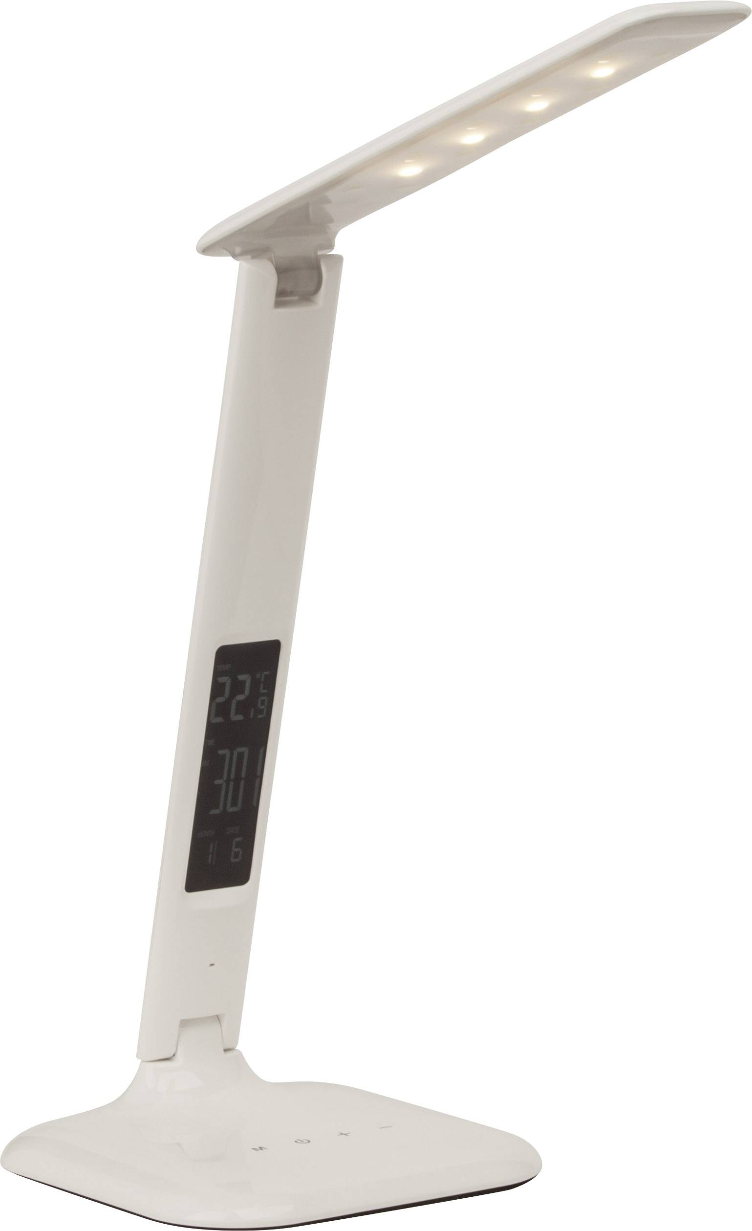 Hvid LED-skrivebordslampe med digitalt display.