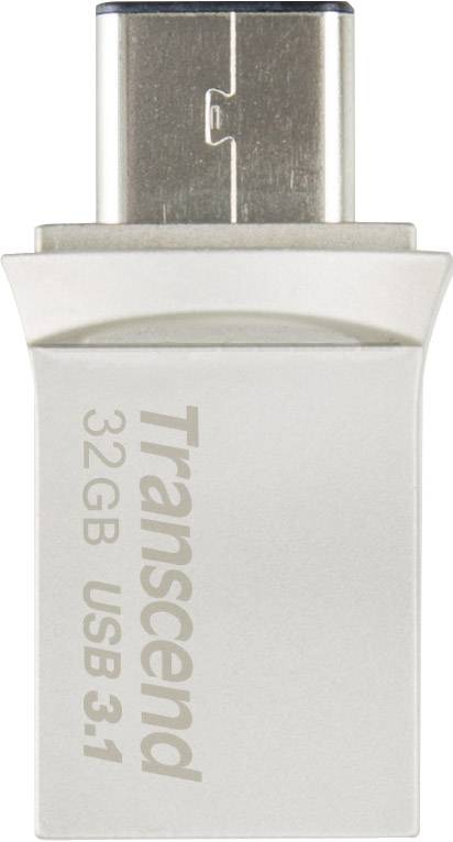 USB-stik med 32 GB og USB 3.1 fra Transcend, sølvfarvet, kompakt og bærbar.