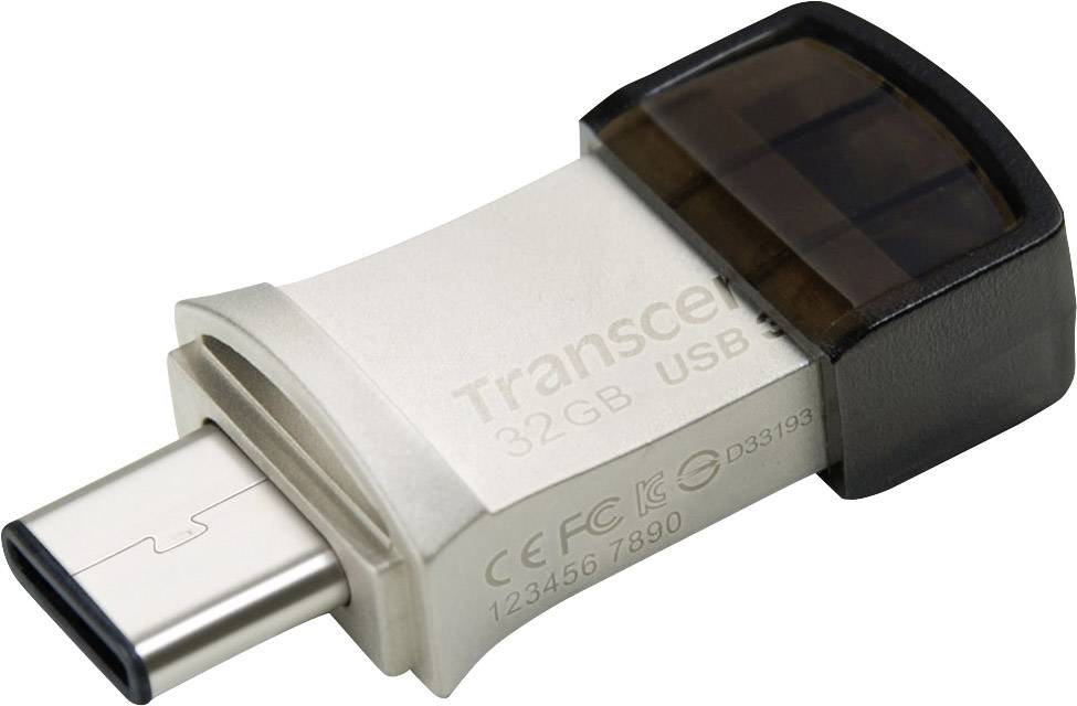 USB-C-stik, 32 GB, sølvfarvet kabinet, rektangulær, sort ende. Ideel til dataopbevaring og hurtig overførsel.