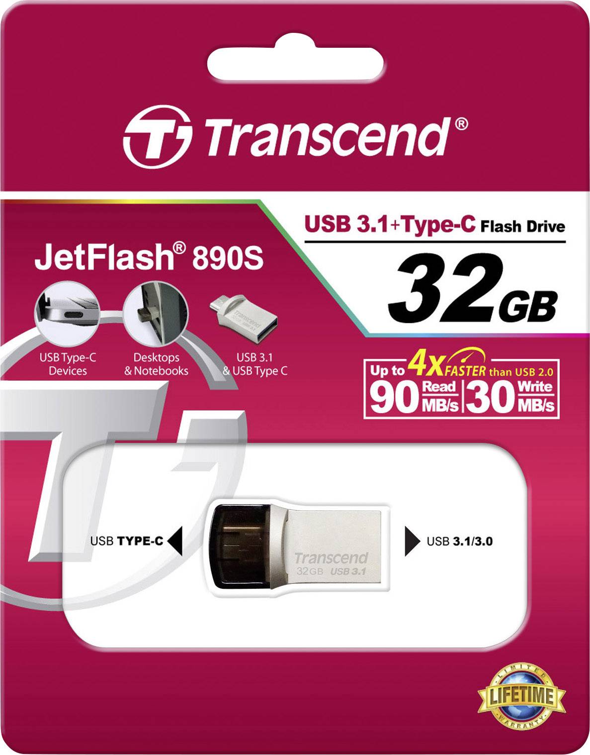 Transcend JetFlash 890S USB-stik, 32 GB, USB 3.1, Type-C. Fremhævet læsehastighed på op til 90 MB/s.
