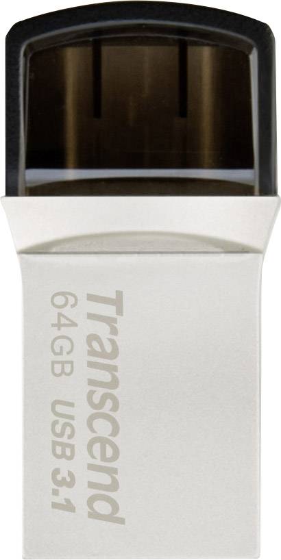 USB-stik fra Transcend med påskrift '64GB USB 3.1', sølvfarvet kabinet, sort låg.