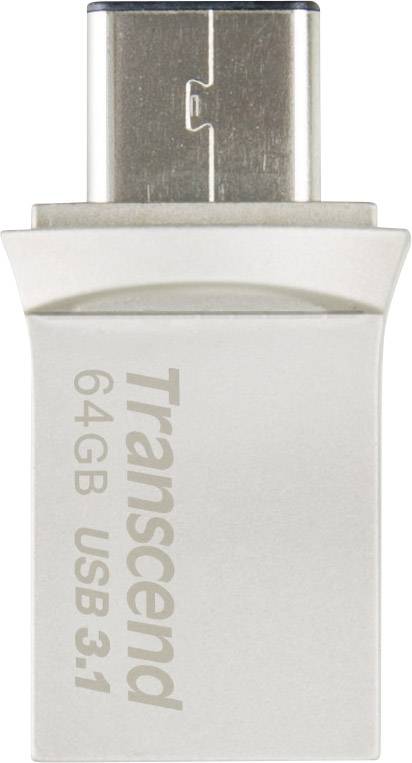 USB-stik med 64GB kapacitet, USB 3.1-forbindelse, fra mærket Transcend. Ideel til hurtig dataoverførsel og lagring.
