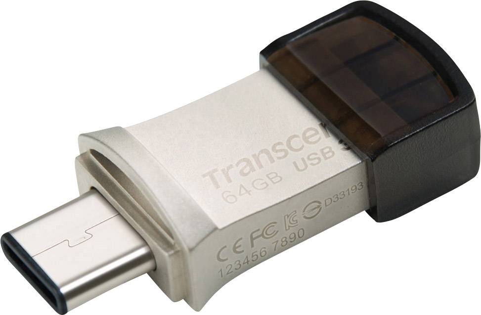 En USB-C-stick i metal med sort låg, 64 GB lagerkapacitet, brandnavn og specifikationer på huset.