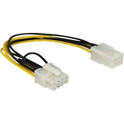 En 6-pin til 8-pin PCIe strømadapter. Gule og sorte kabler forbinder to hvide stik. Bruges i computere.