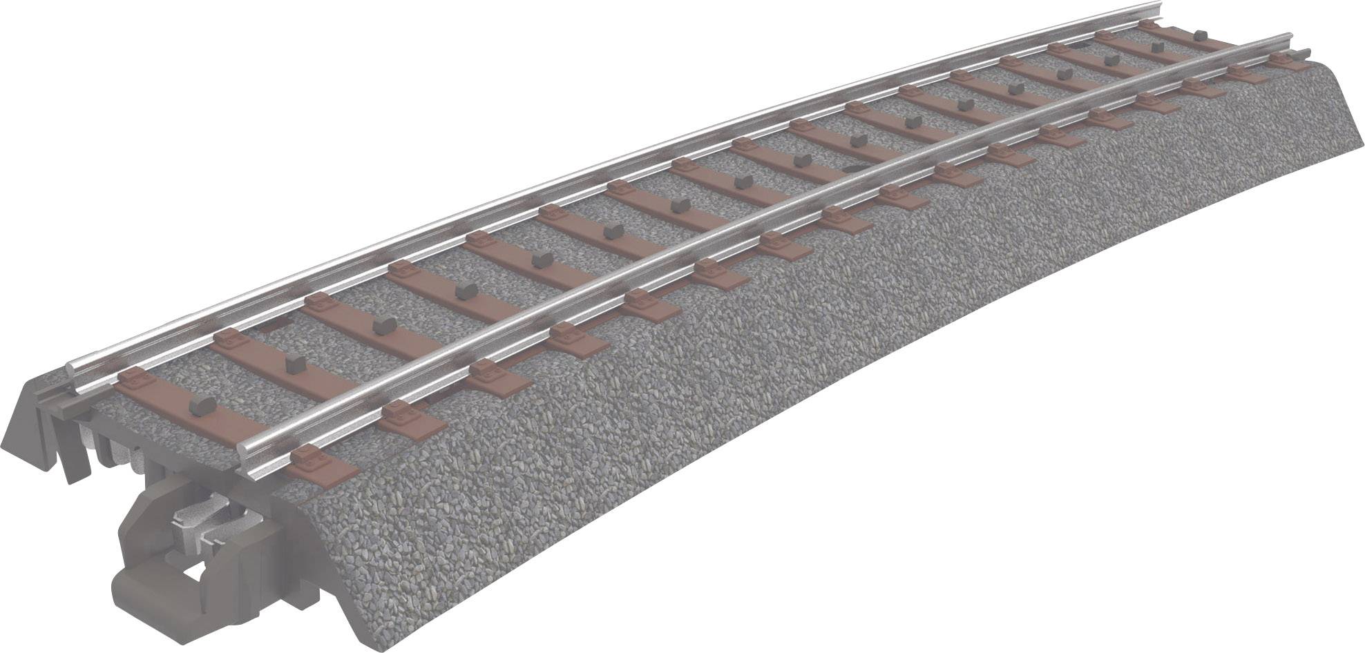 Et buet modelbanespor med skærveballast, skinner og sveller, egnet til modelbyggeriformål.