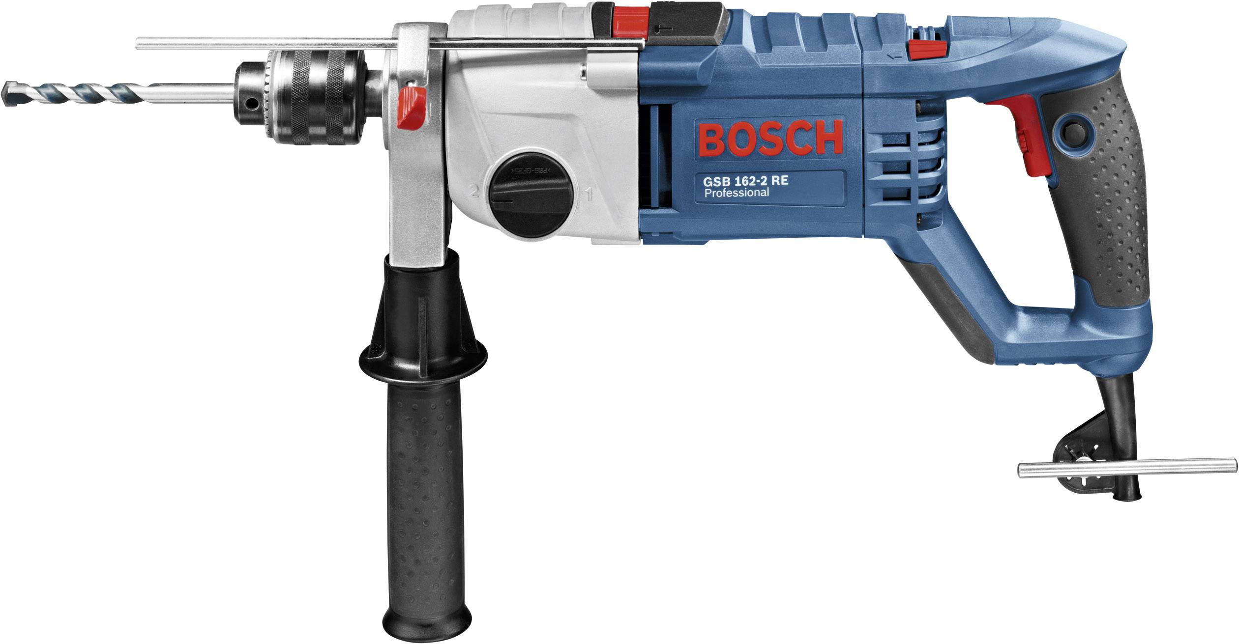 Bosch boremaskine, model GSB 1600 RE, med sidefatning og bor monteret forrest.