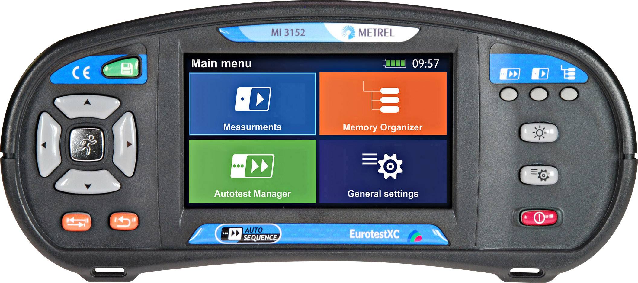 Elektronisk måleenhed med skærm. Hovedmenu med valgmuligheder: 'Målinger', 'Hukommelsesstyring', 'Autotest-manager', 'Generelle indstillinger'.
