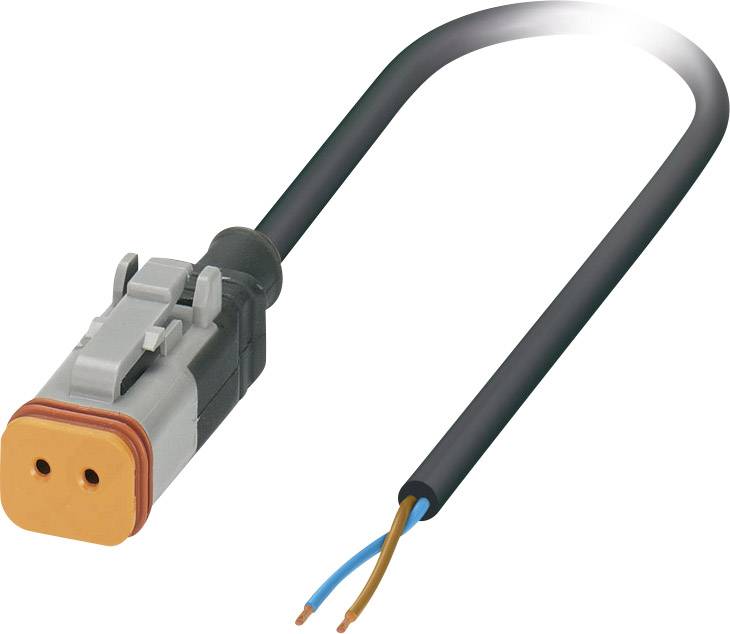 En elektrisk ledning med en grå stikforbindelse og to blottede ledninger, en blå og en brun, i den anden ende.
