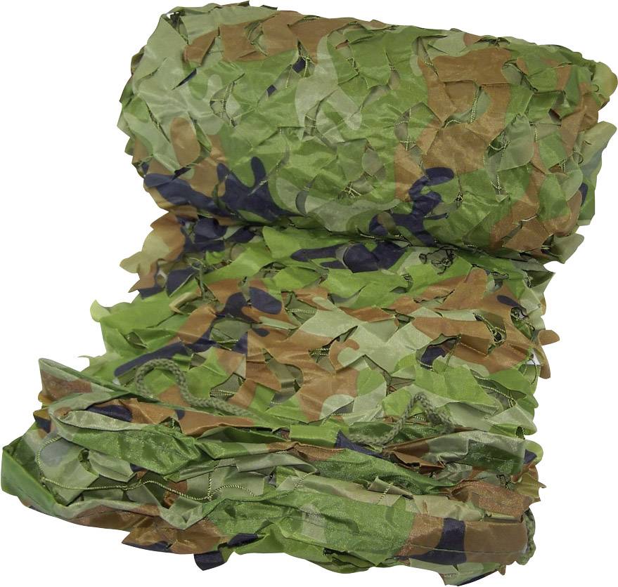 Et oprullet camouflage-net i grønne, brune og sorte farver, som bruges til camouflageformål i skovområder.