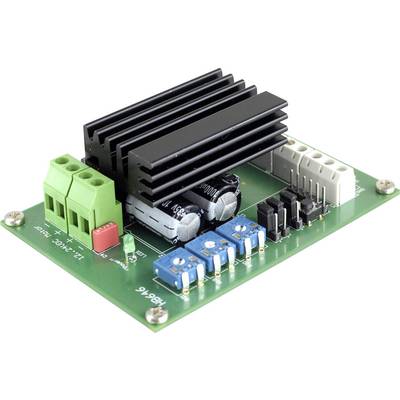 Elektronikprintplade med grønne stikforbindelser, sorte kühlere og blå potentiometre. Hovedkomponent i en elektronisk kredsløb.