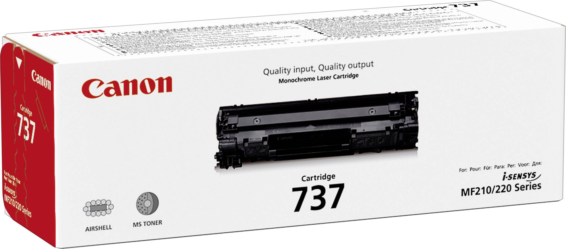 Canon tonerpatron 737, egnet til i-SENSYS MF210/220 serien. Emballagen viser produktbillede og tekniske specifikationer.