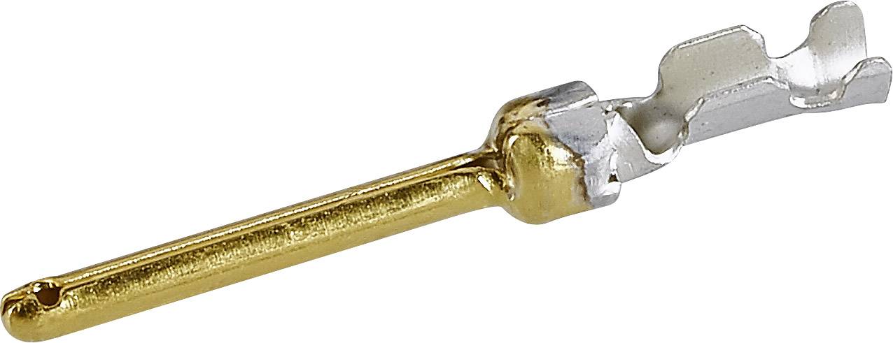 Metalkontaktstik med en guldfarvet, lang glat ende og en sølvfarvet, tandet ende.