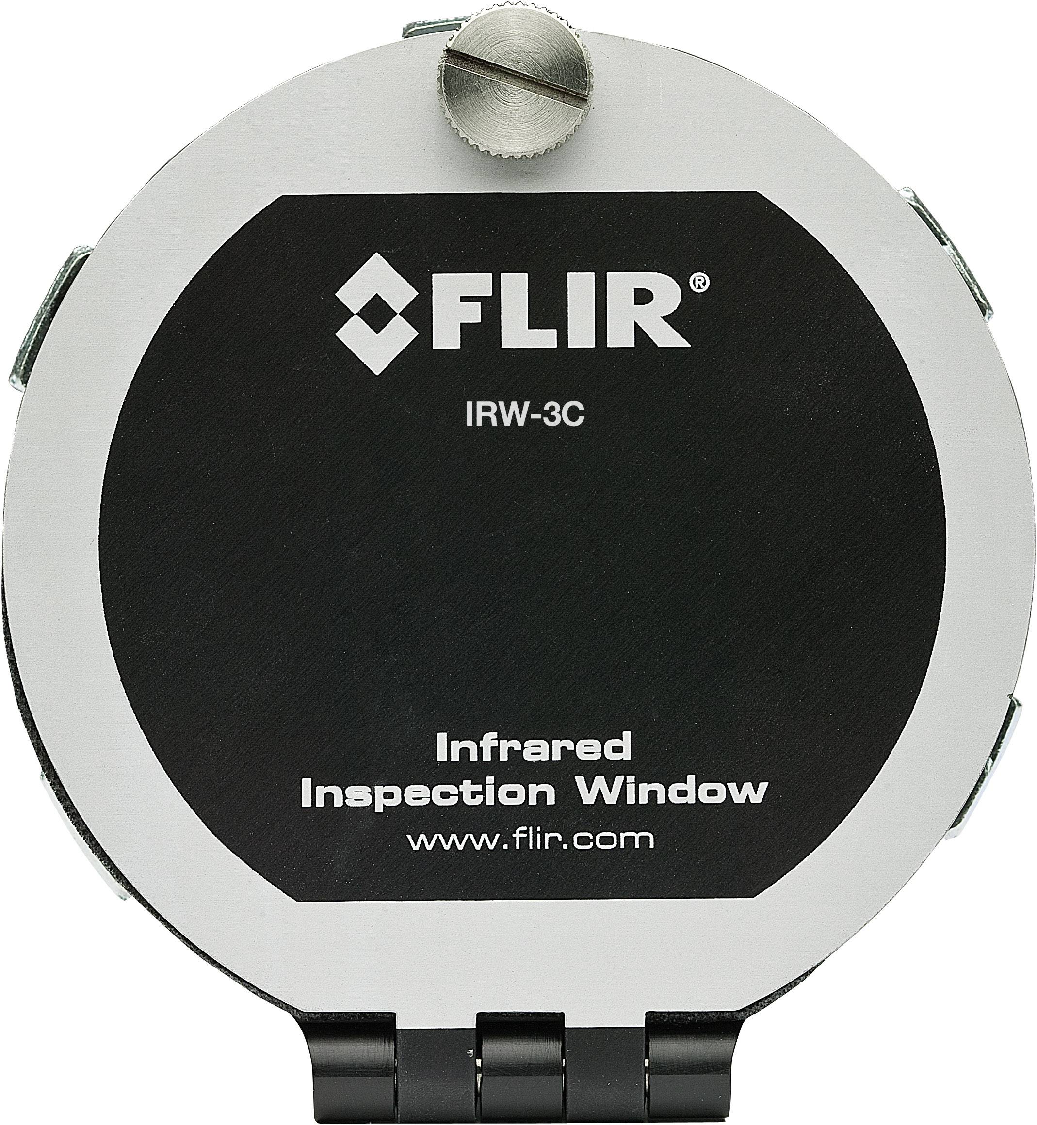 FLIR's runde infrarøde inspektionsvindue, model IRW-3C, med sort forside og sølvskrue øverst, logo og hjemmeside.