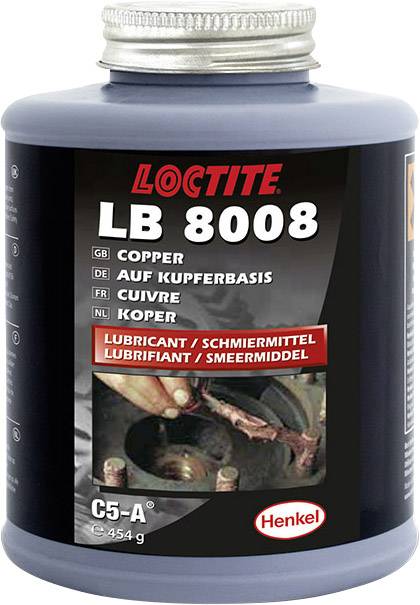 En sort beholder med påskriften 'LOCTITE LB 8008', viser påføring af smøremiddel på metalkomponenter.