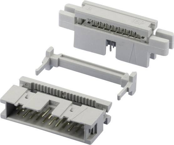 Grå plastikstikforbindere, bestående af to hovedkomponenter og yderligere fastholdelsesdele, viser metalcontakter.