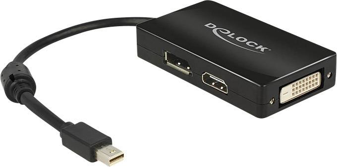 En adapter med kabel viser tre tilslutninger: DisplayPort, HDMI og DVI. Adapteren er sort med påskriften 'DELOCK'.