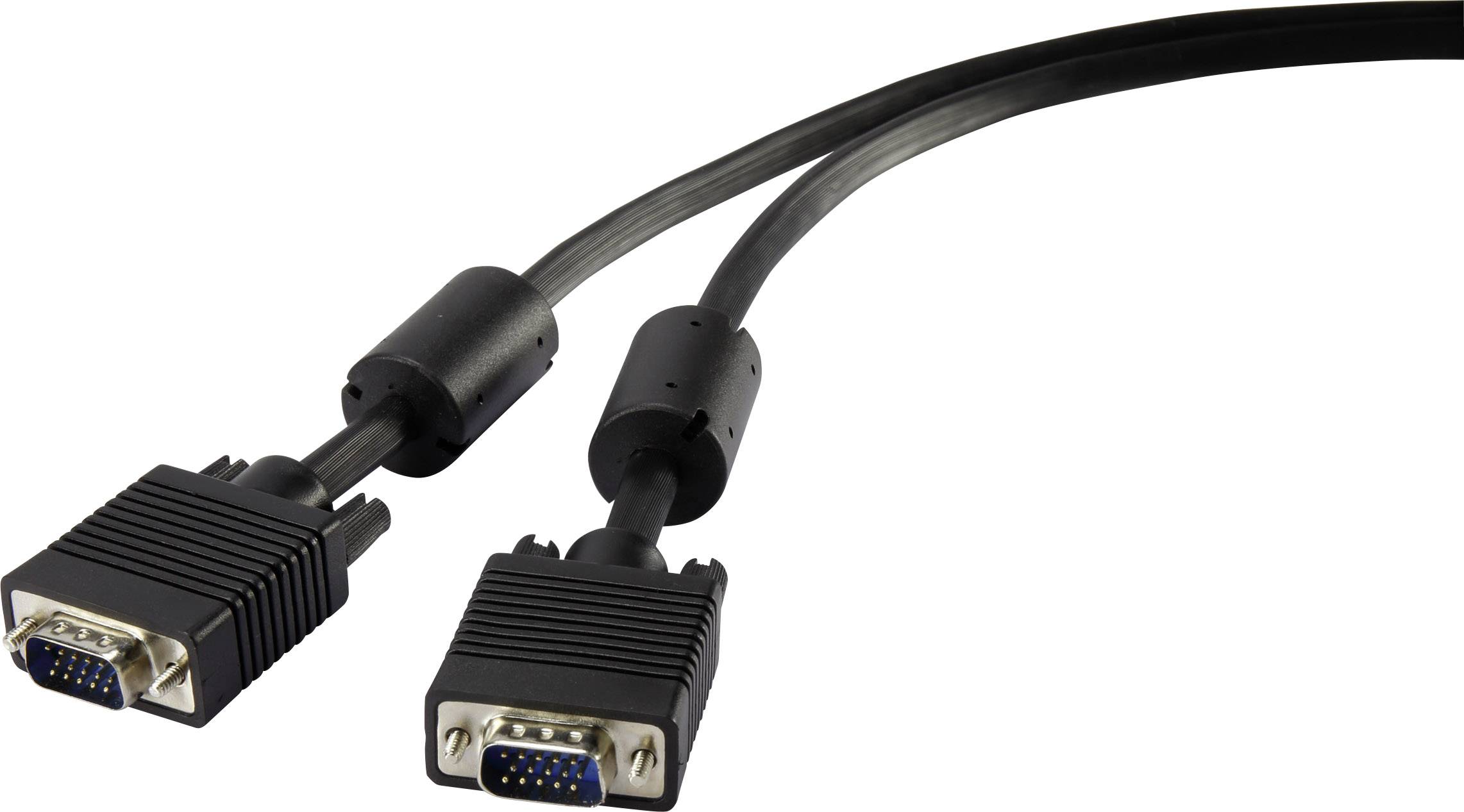 To VGA-kabler i sort med blå stik og skruer, som bruges til at forbinde en skærm med en computer.