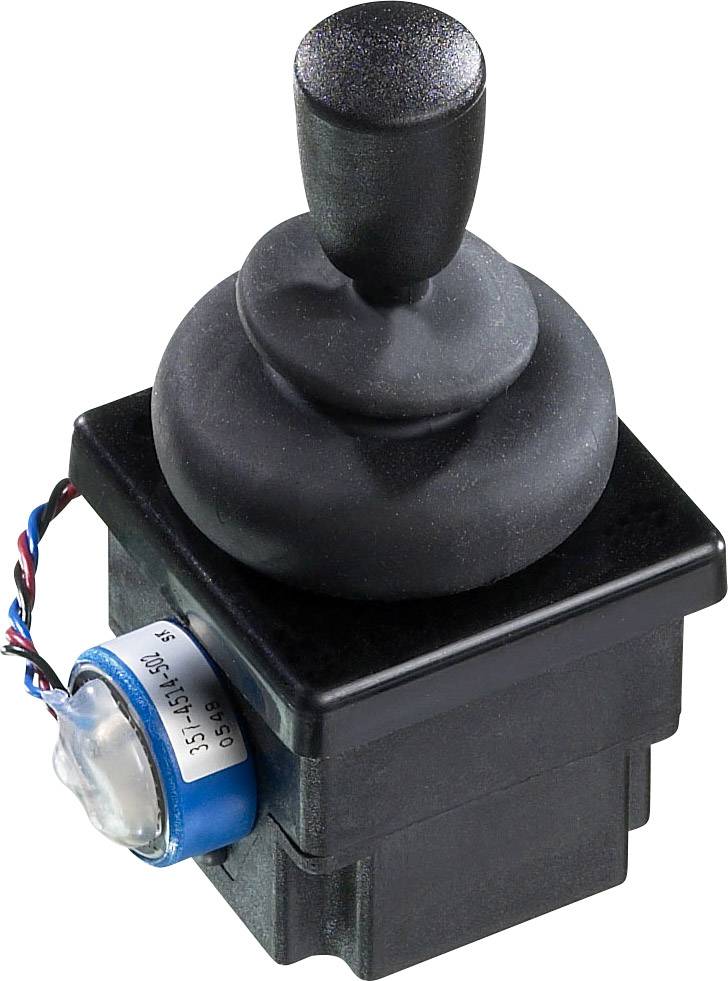 Sort joystick med blå kabelforbindelse, monteret på en kubisk base.