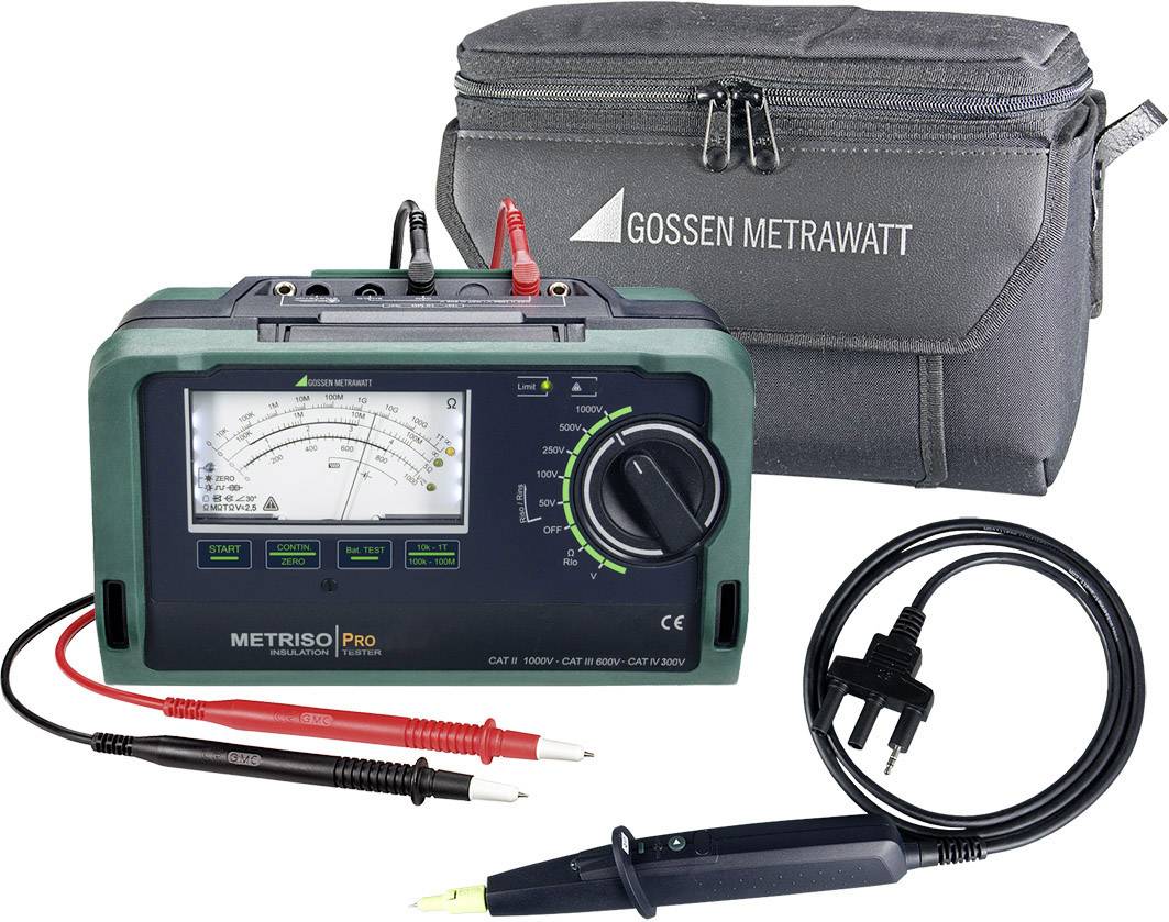 Multimeter Metriso Pro fra Gossen Metrawatt med tilbehør og taske. Viser måleapparat med analogvisning og kabler til elektriske målinger.