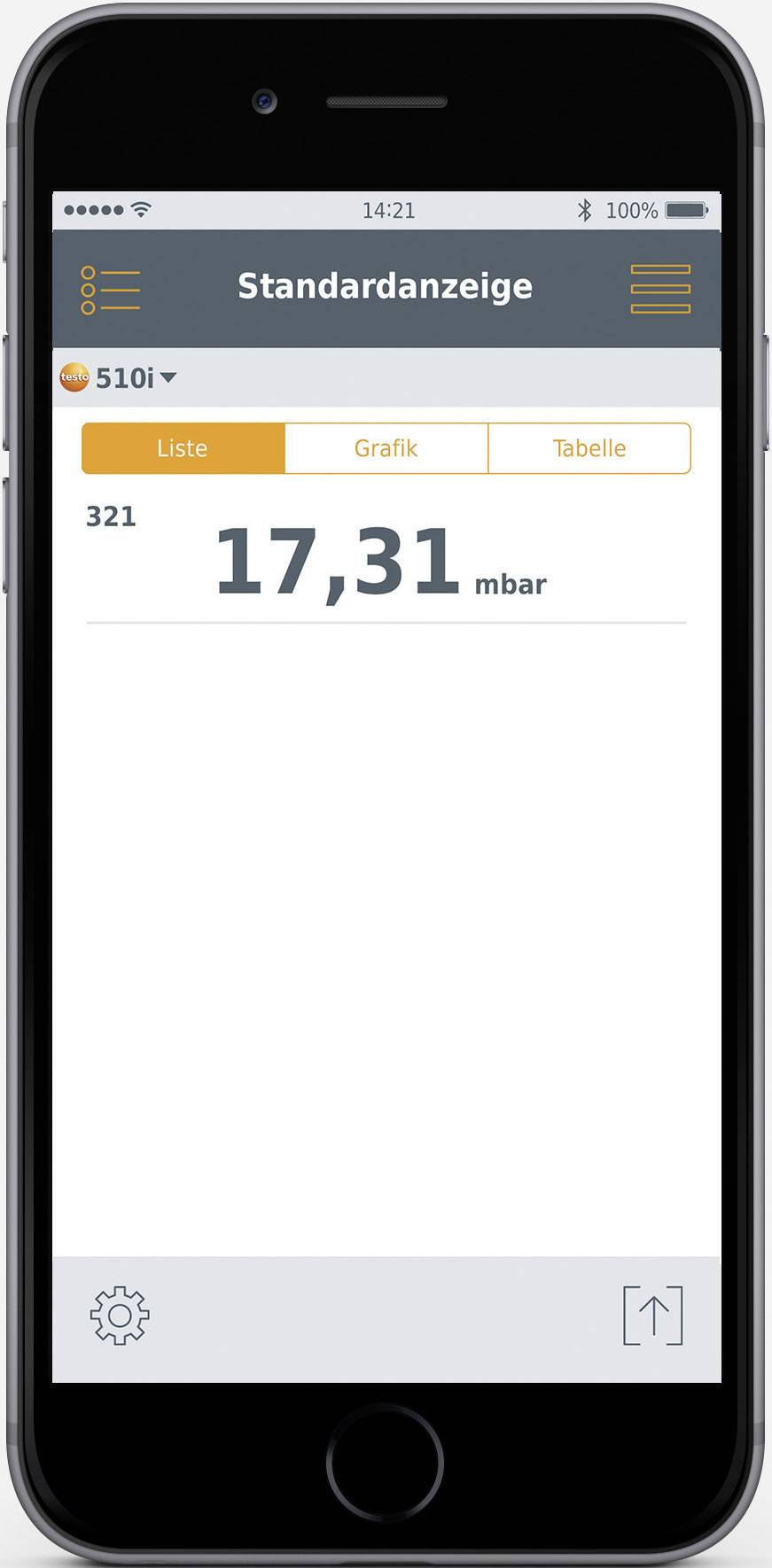 En smartphone viser en app med displayet '17,31 mbar'. Mulighederne er 'Liste', 'Grafik' og 'Tabel' under 'Standardvisning'.