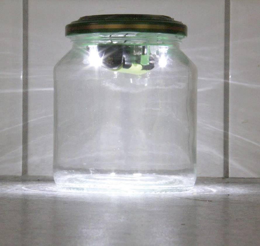 Et ildflue i et gennemsigtigt glas med låg på et bord, der udsender lys i et mørkt rum.