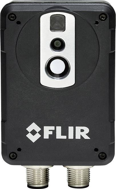 Et FLIR-termisk kamera med to objektiver, som optager termiske billeder til overvågning eller analyse. Det har to kabelstik.