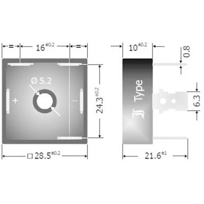 Teknisk tegning af en elektronisk komponent: Dimensioner 24,3 x 28,5 mm, boring Ø 5,2 mm. Sidevisning viser tykkelse på 21,6 mm.
