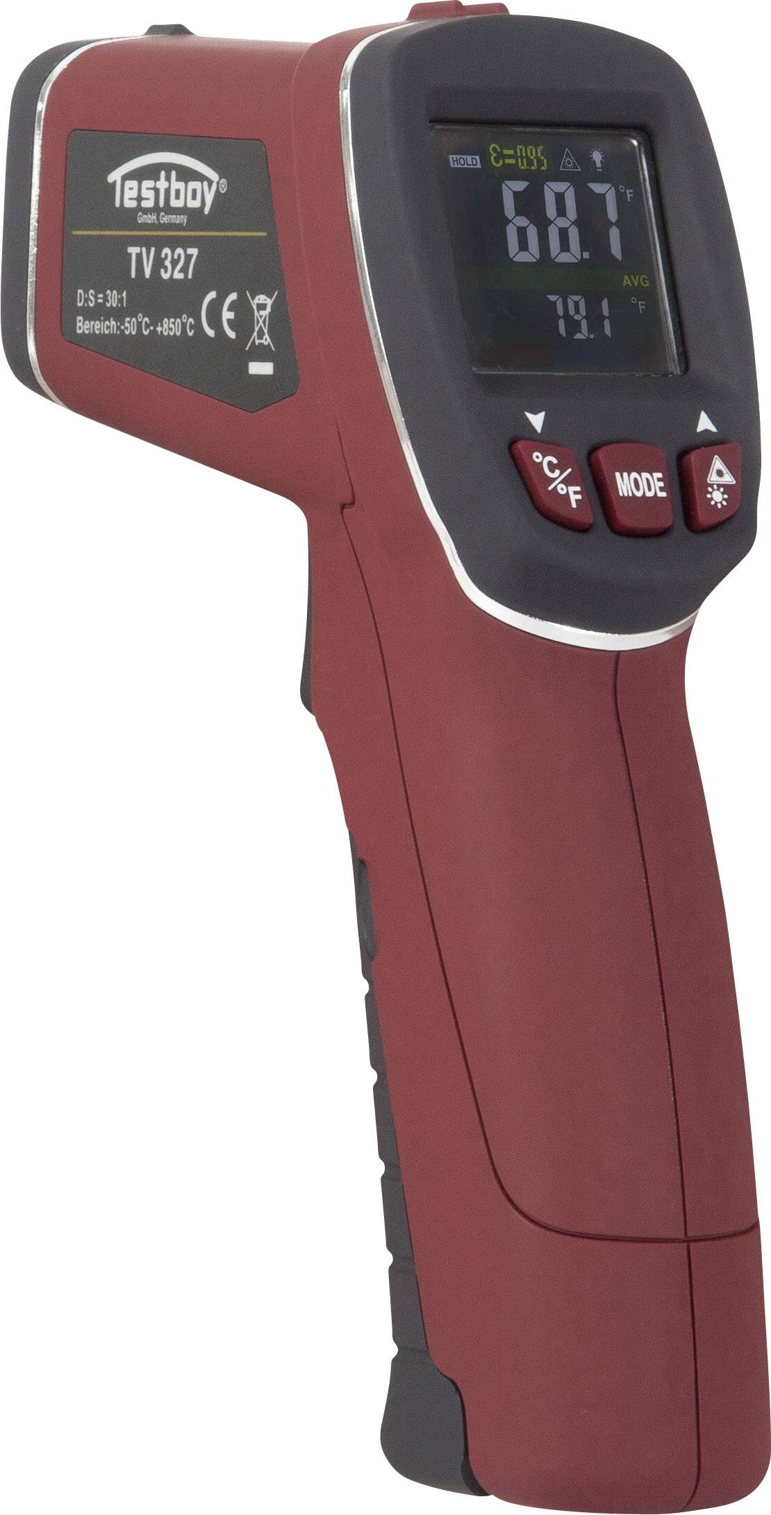 Rødt infrarødt termometer med display, som viser 68,7 grader Celsius. Mærkenavnet 'Testboy TV 327' er synligt.