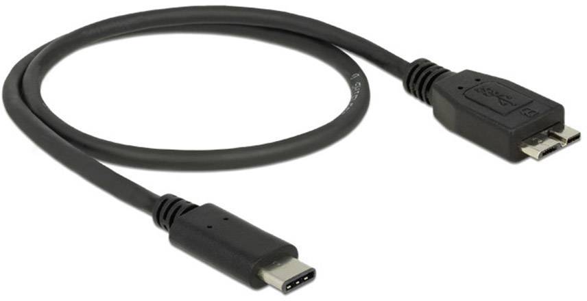 Sort USB-kabel med USB-C- og Micro-B-stik, som viser en forbindelsesmulighed mellem moderne og ældre hardware.