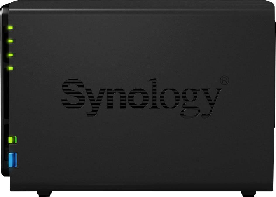 Sort Synology NAS-enhed med lysende statusindikatorer på forsiden.