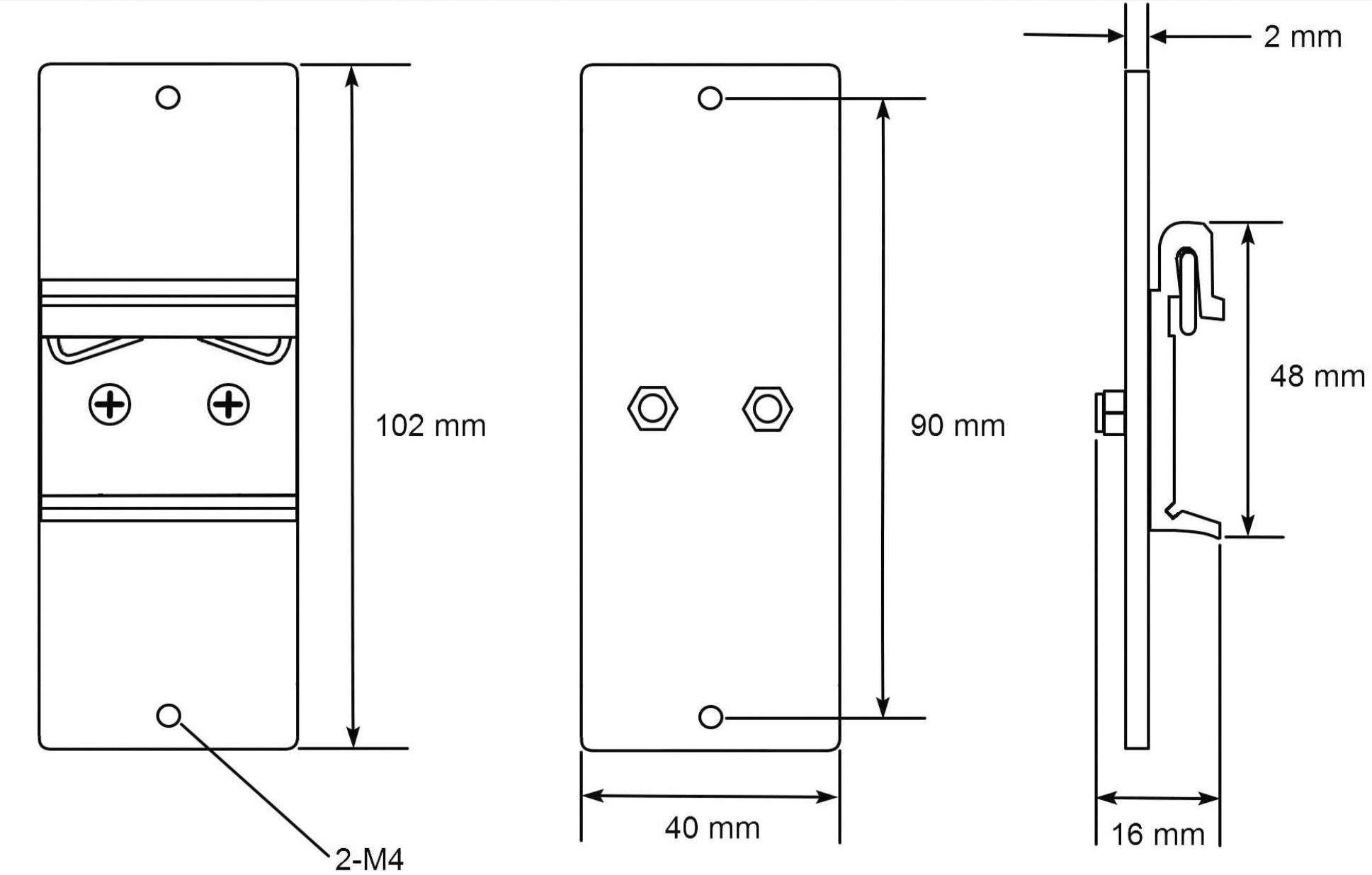 Teknisk tegning af en rektangulær metalplade med mål: 102 mm x 40 mm. Sidesnit viser 2 mm tykkelse, fastgørelsespunkter markeret.