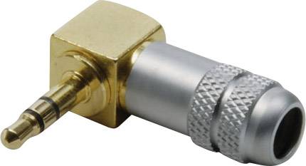 En metallic, retvinklet adapter med et 3,5 mm jackstik og et sølvfarvet, riflet greb.