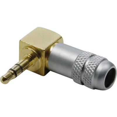 En metallic, retvinklet adapter med et 3,5 mm jackstik og et sølvfarvet, riflet greb.