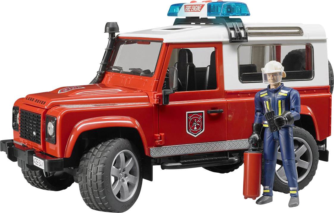 Bruder land Rover Defender Station Wagon brandudrykningskøretøj med brandmand inkl. brandslukker