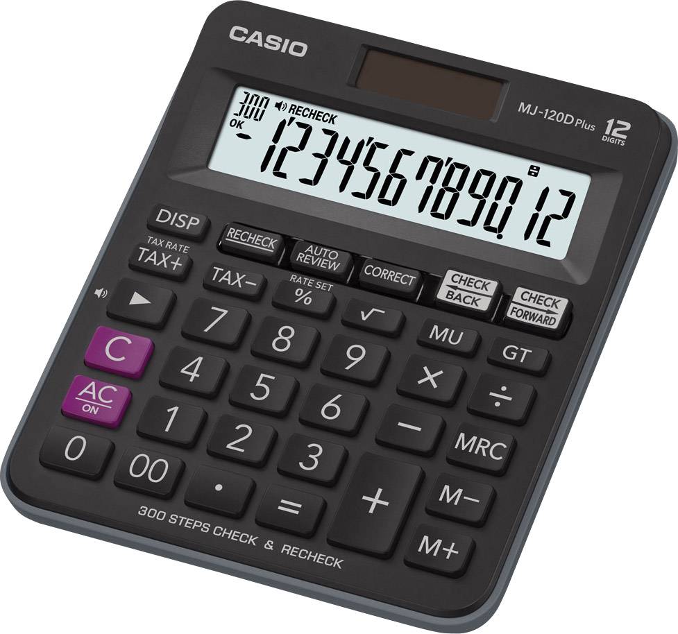 En lommeregner med store taster og et display, der viser tallene '123456789012'. Klar til enkle beregninger.