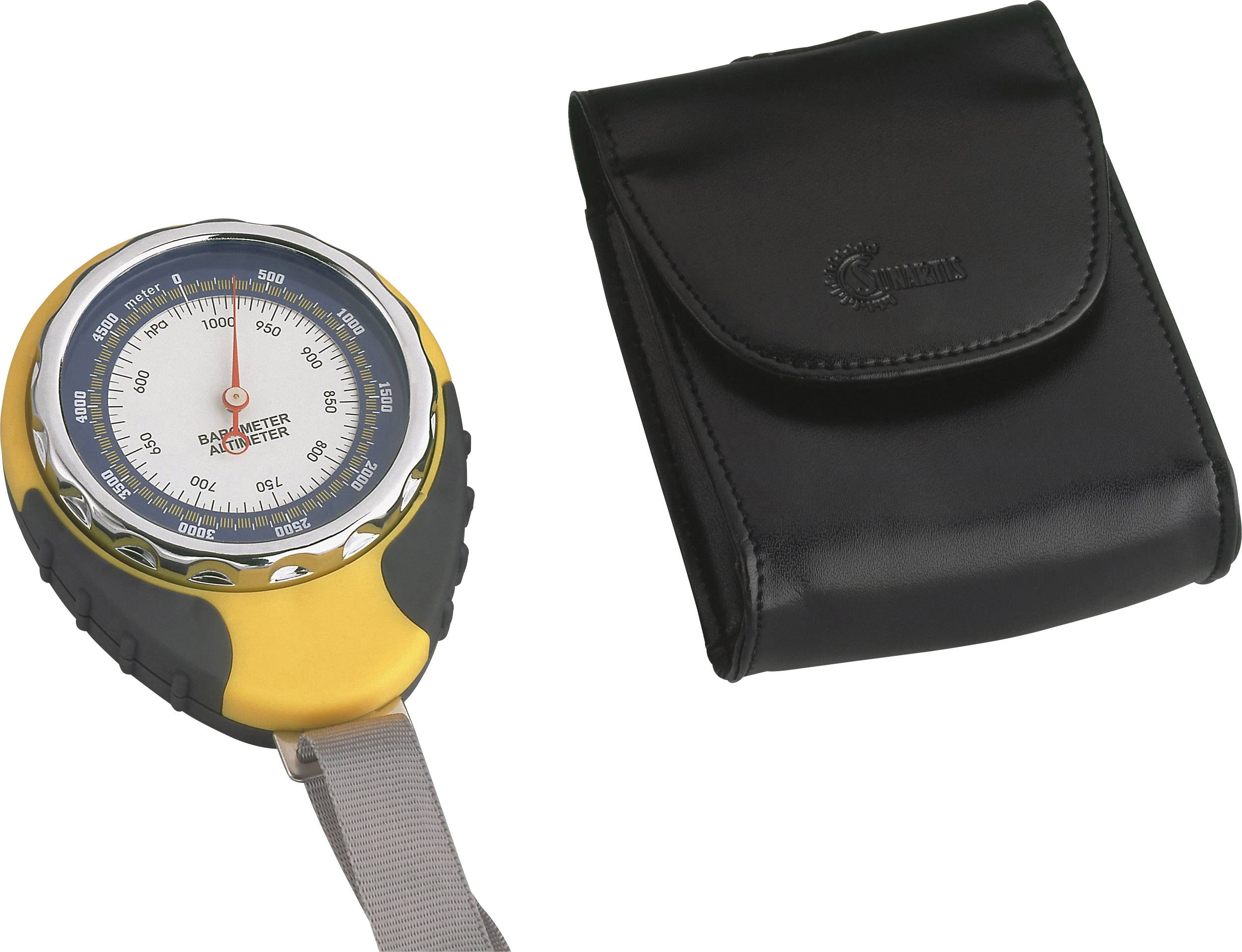 Et gult barometer/altimeter med en håndstrop ved siden af en sort lædertaske. Enheden viser højde- og lufttryksmålinger.