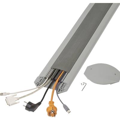 Metalkanal med flere stik og kabler, som viser en løsning til sikker kabelorganisering og forebyggelse af snublefare.