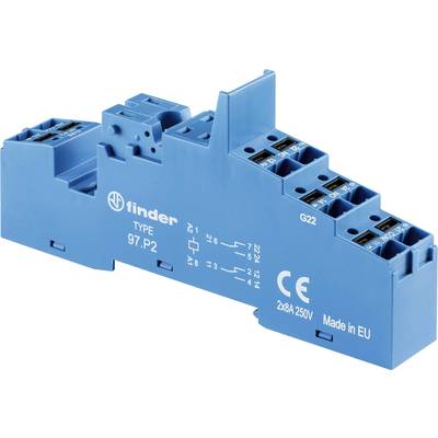 Et blåt elektrisk relæmodul fra Finder, type 97.P2, med CE-mærkning. Det har flere klemmer og er mærket med 'Made in EU'.