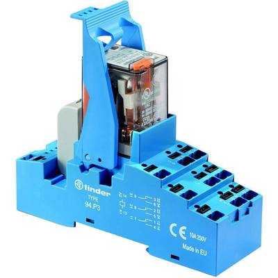Finder 94.P3 relæ på blå base, egnet til industrielle anvendelser. Fremstillet i EU, spænding op til 250V, 10A.