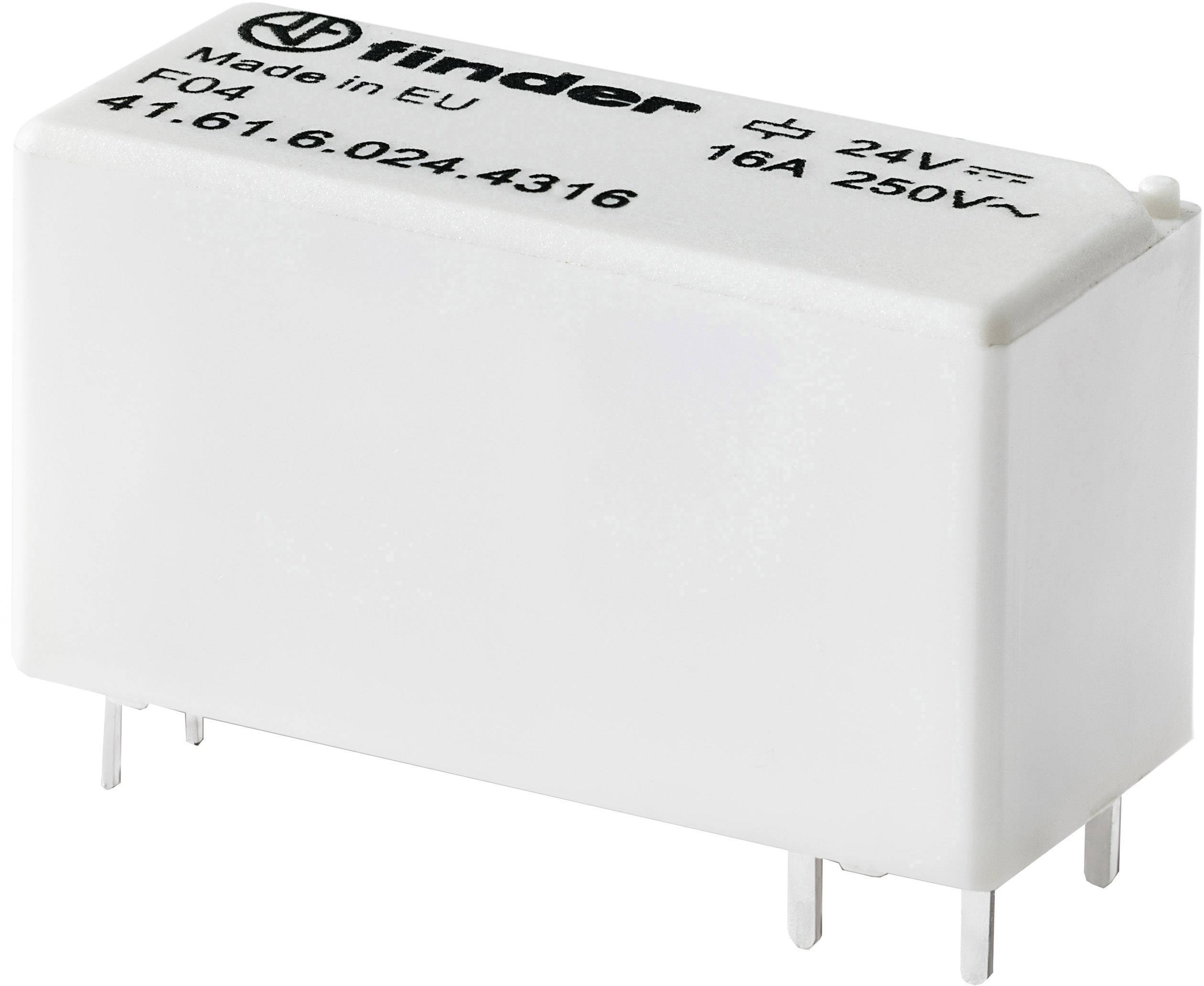 Et hvidt elektrisk relæ med påtryk 'Made in EU', 'F04', '24V', '16A 250V', '41.61.6.024.4316', fire metalben.