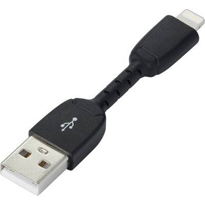 Et kort, sort USB-til-Lightning-kabel, egnet til opladning og datasynkronisering til Apple-enheder.