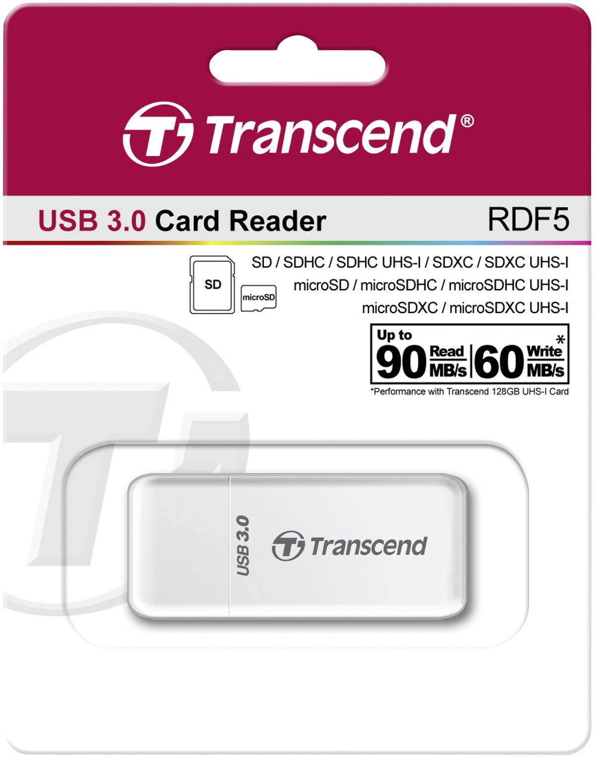 Transcend RDF5 USB 3.0 Kortlæser, egnet til SD-, SDHC-, SDXC-, microSD- og microSDXC-kort. Maksimal læse-/skrivehastighed: 90/60 MB/s.